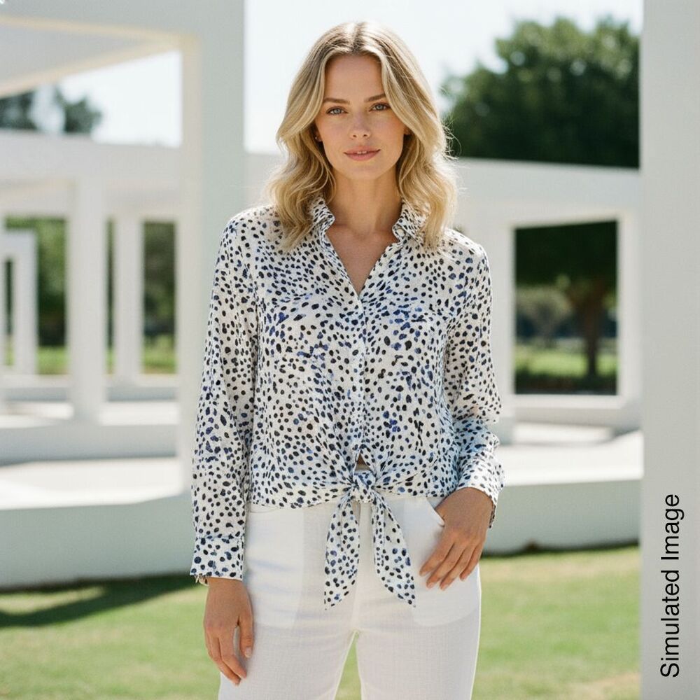 Cloth & Stone Anthropologie Blue Leopard Tie Front Button Blouse Top Shirt Large